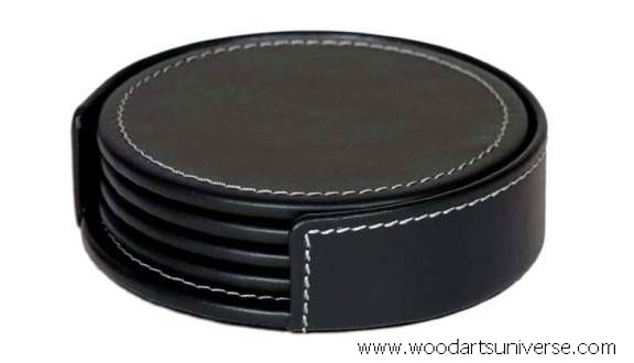 Black Leatherette Coaster Set with Holder - WAS1018D