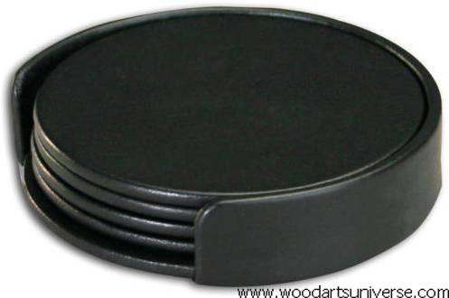 Black Nappa Leather Coaster Set with Holder- WAS1017D