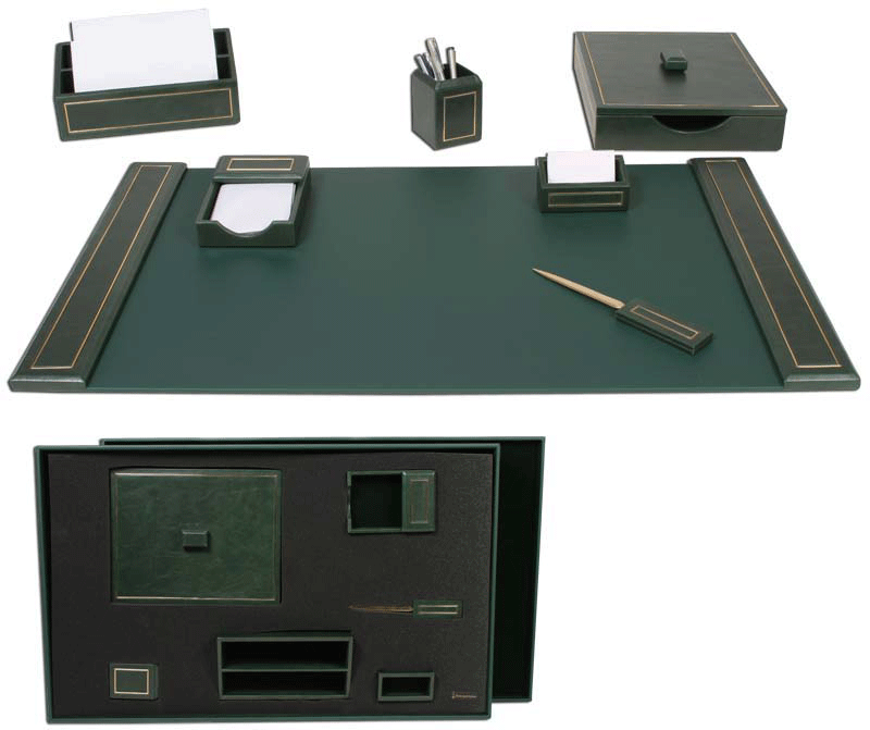 Green Leather 24kt Gold-Tooled 7-Piece Desk Set WAUGRWG9999 Green Leather 24kt Gold-Tooled 7-Piece Desk Set WAUGRWG9999