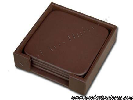 Chocolate Brown Leatherette  Square Coaster Set with Holder