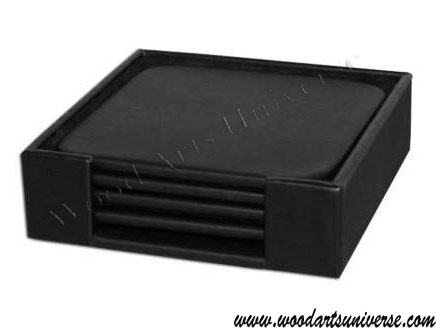 Black Leatherette Square Coasters with Holder WAURCUSA1081 Black Leatherette Square Coasters with Holder WAURCUSA1081