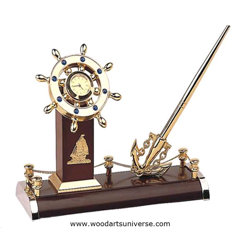 Nautical Anchor Pen Stand And Ship Wheel Clock Wascbg09700 Wood Click To Enlarge