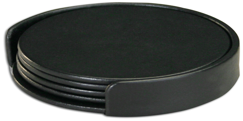Black Leather 4 Coaster Set with Holder